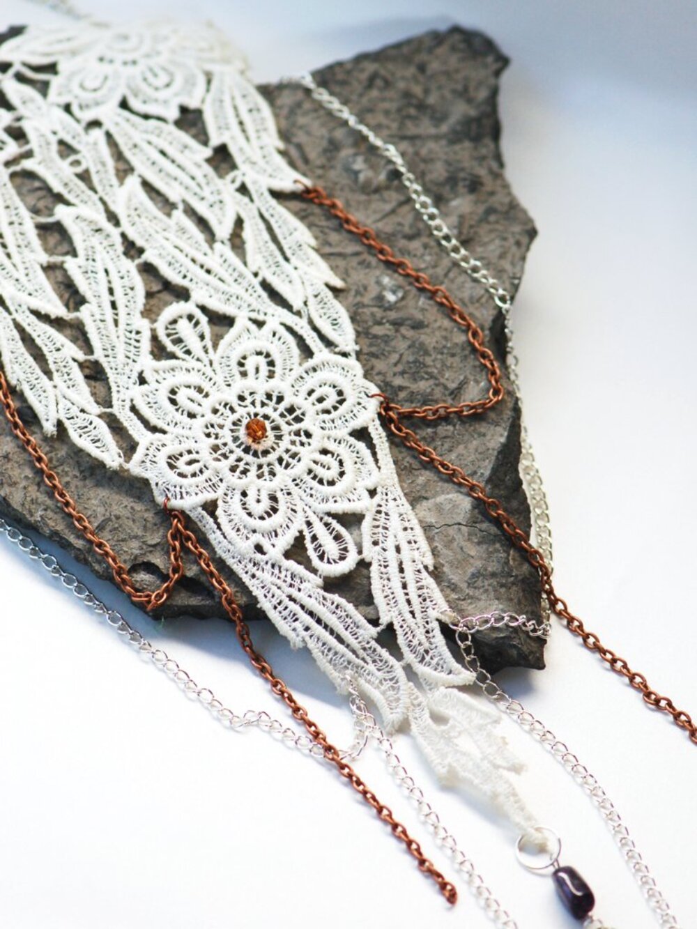 Handmade Venetian Lace Bib Necklace | Ivory + Swarovski Crystal | Upcycled - Picture 2 of 6